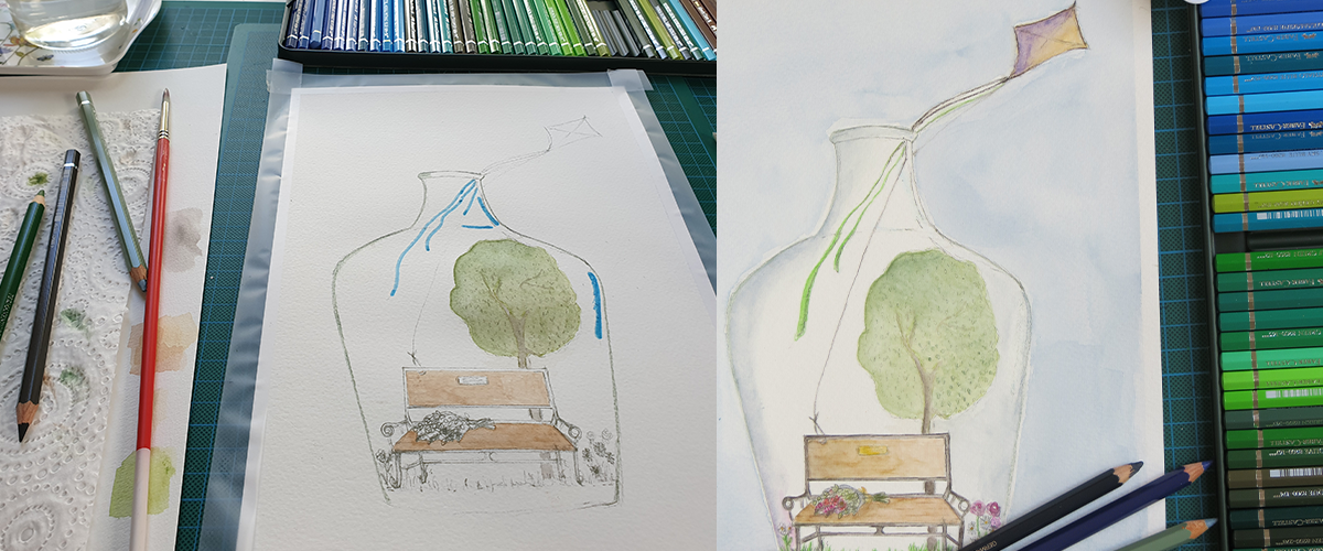 Work in progress images of illustration using watercolour pencils. Seat in a terrarium with kite. 