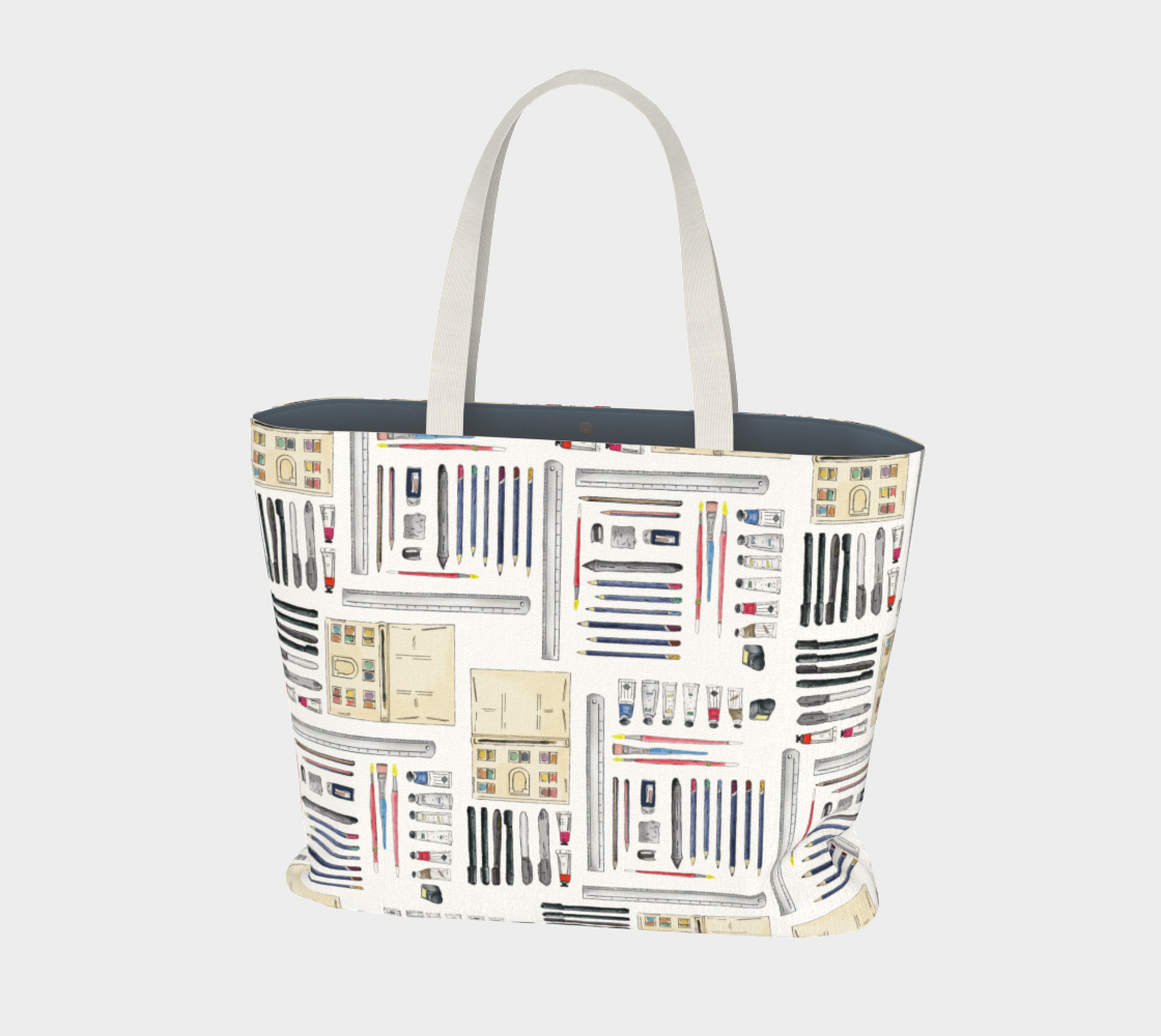 Art Supplies in a repeating pattern on a white background. Large market tote bag with white cotton canvas handles.