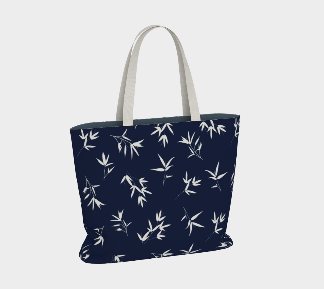 White bamboo leaves in a tossed repeat on a Navy background. Market Tote Bag