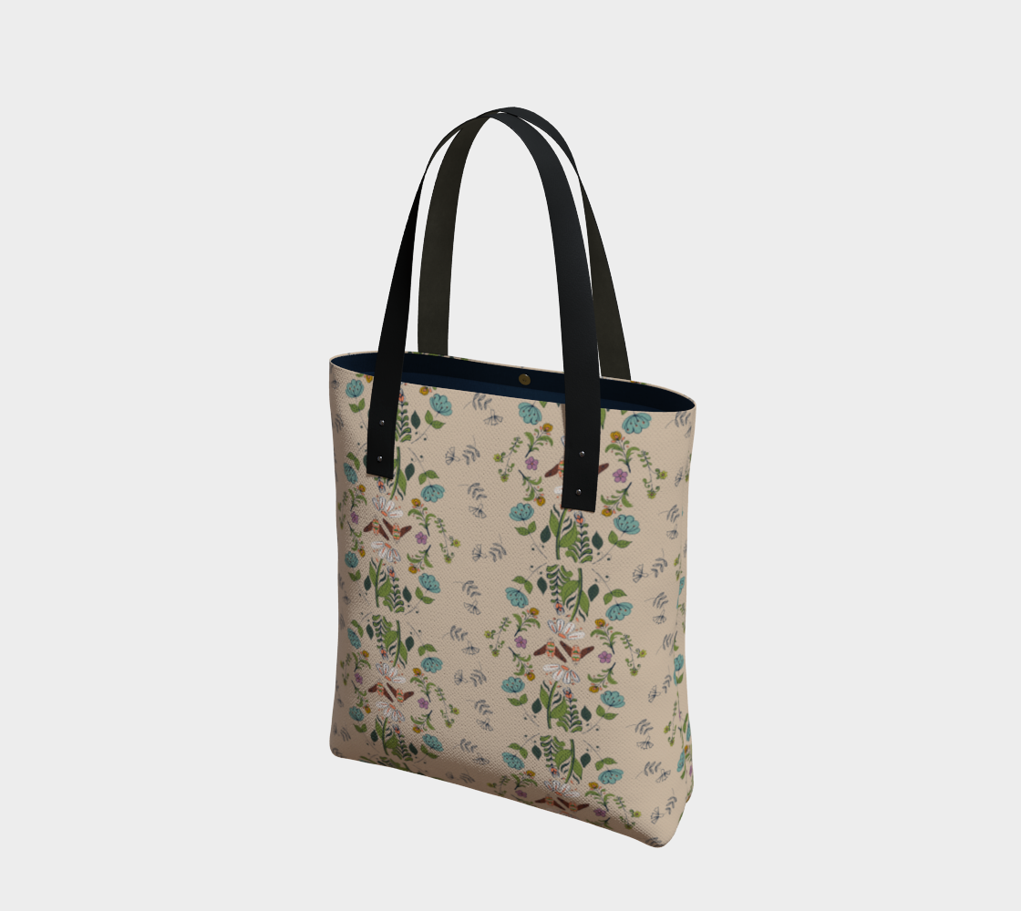 Folk flower inspired garden with bees in a repeating pattern. Tote bag with vegan leather handles.