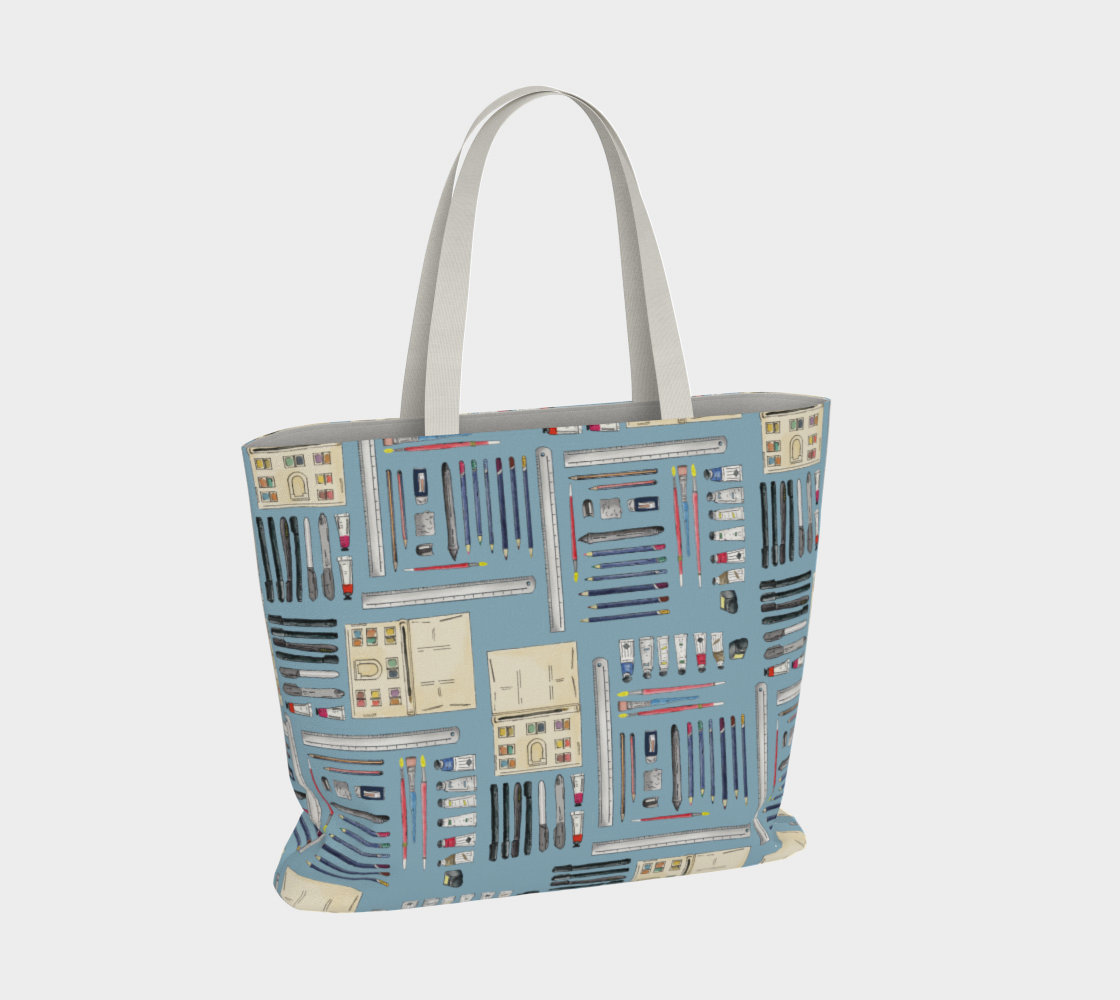 Art Supplies in a repeating pattern on a light blue background. Large market tote bag.