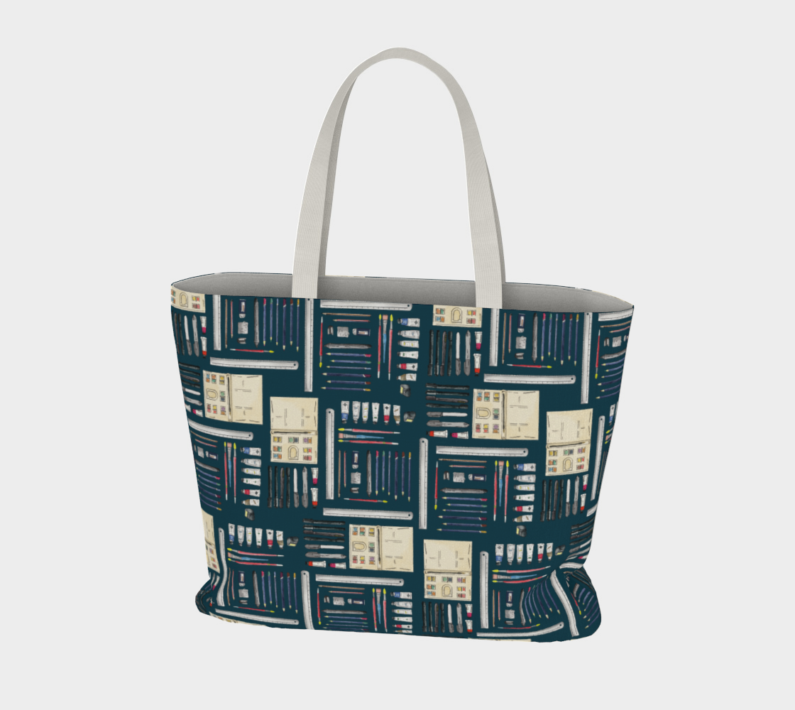 Art Supplies in a repeating pattern on a Dark Teal background. Large market tote bag with white cotton canvas handle. 