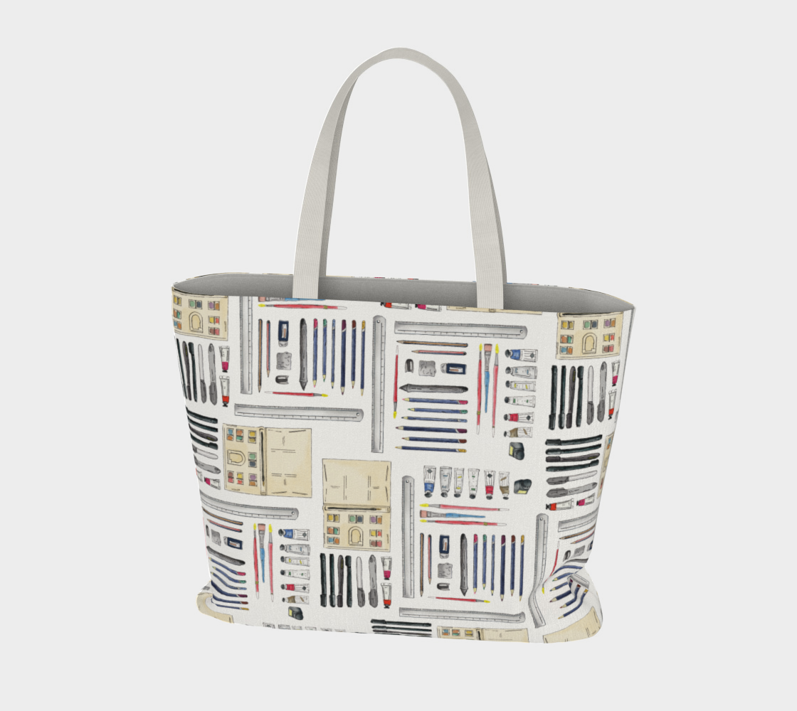 Art Supplies in a repeating pattern on a white background. Large market tote bag with white cotton canvas handles.