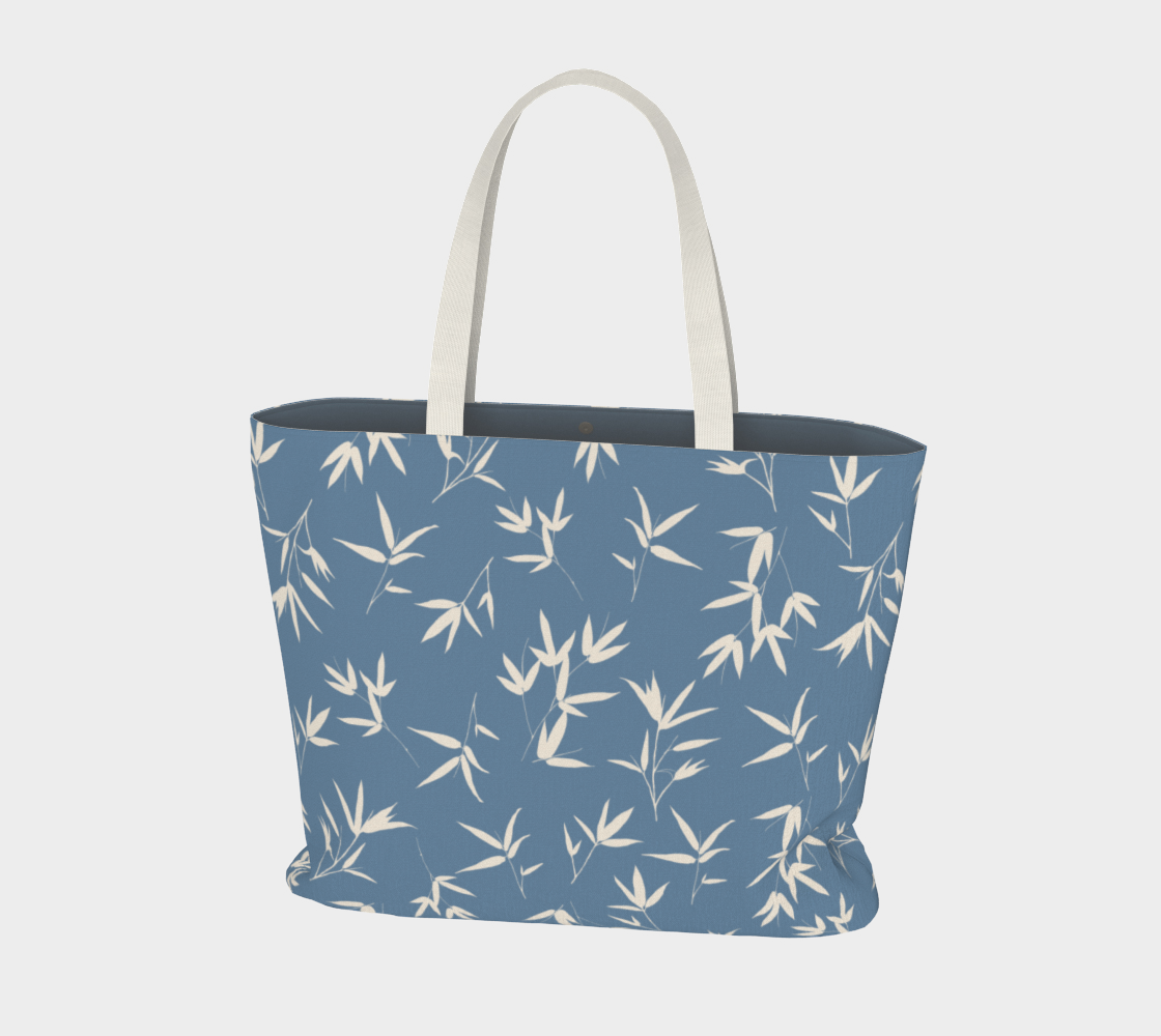 denim blue with bone coloured bamboo leaves market tote bag