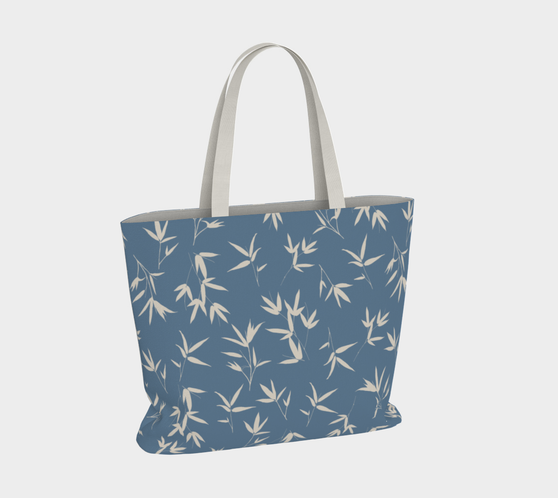 denim blue with bone coloured bamboo leaves market tote bag