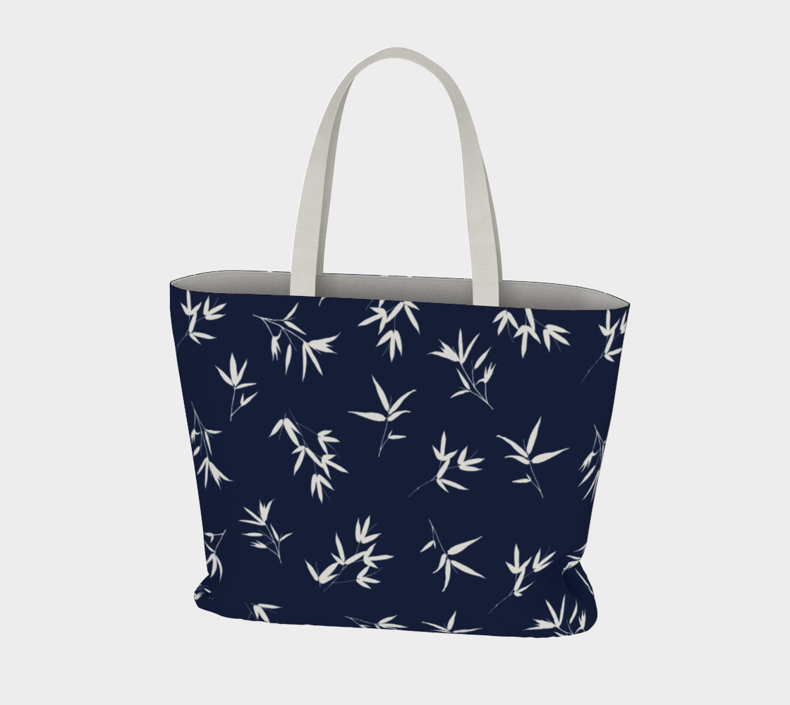 White bamboo leaves in a tossed repeat on a Navy background. Market Tote Bag