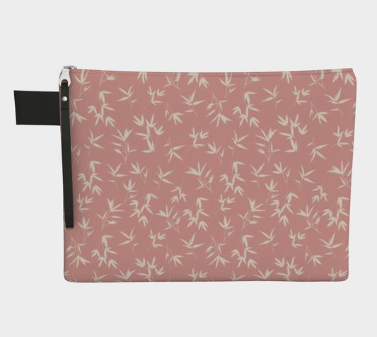 Bone bamboo leaves small scale repeating pattern on a rose pink background. Zipper canvas pouch.
