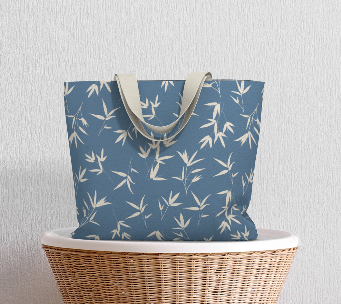 denim blue with bone coloured bamboo leaves market tote bag