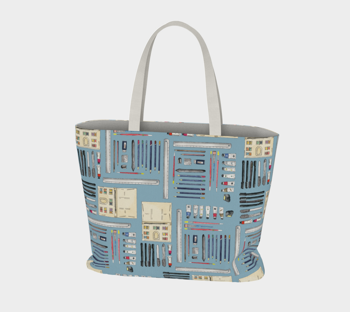 Art Supplies in a repeating pattern on a light blue background. Large market tote bag.