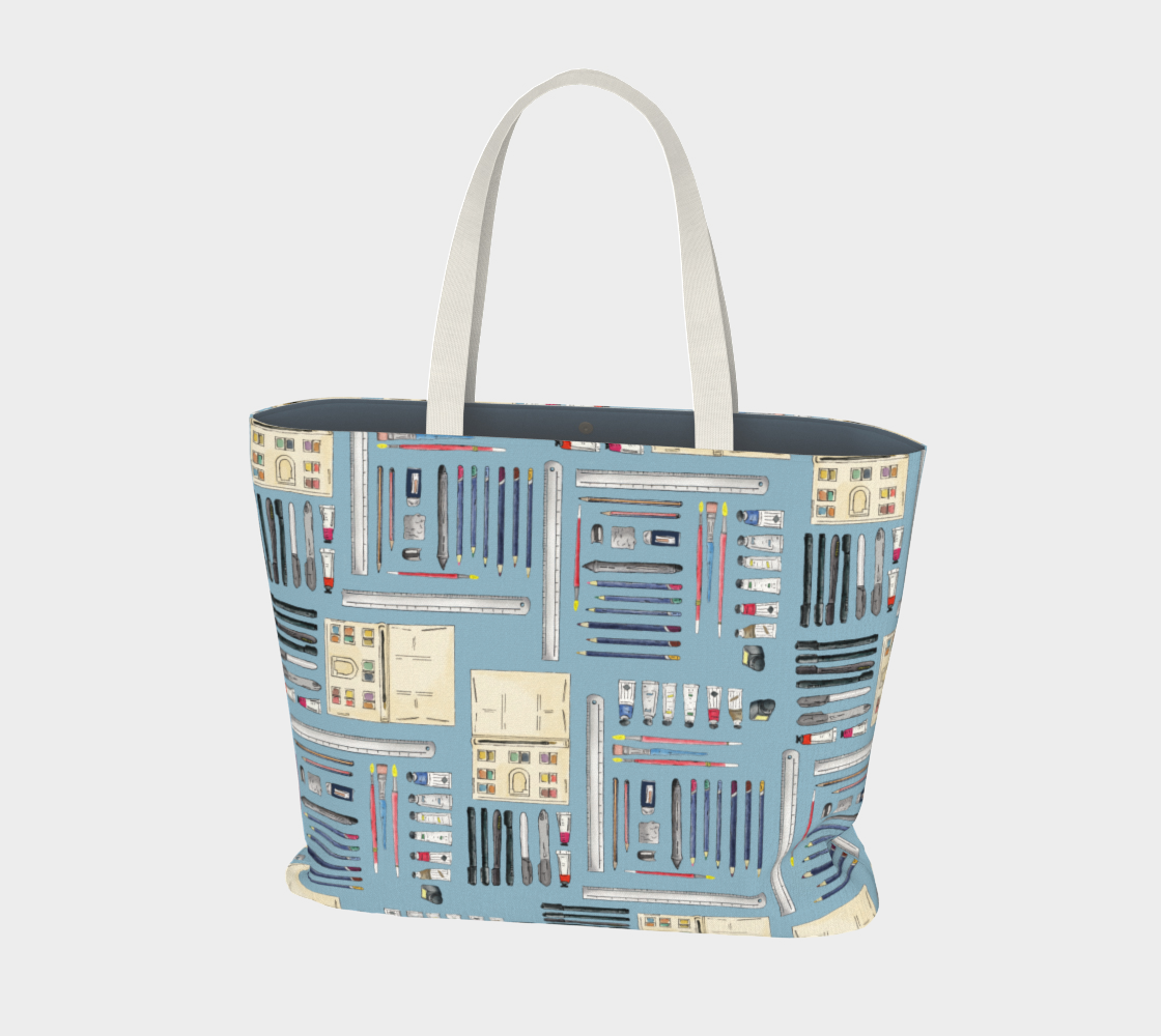 Art Supplies in a repeating pattern on a light blue background. Large market tote bag.