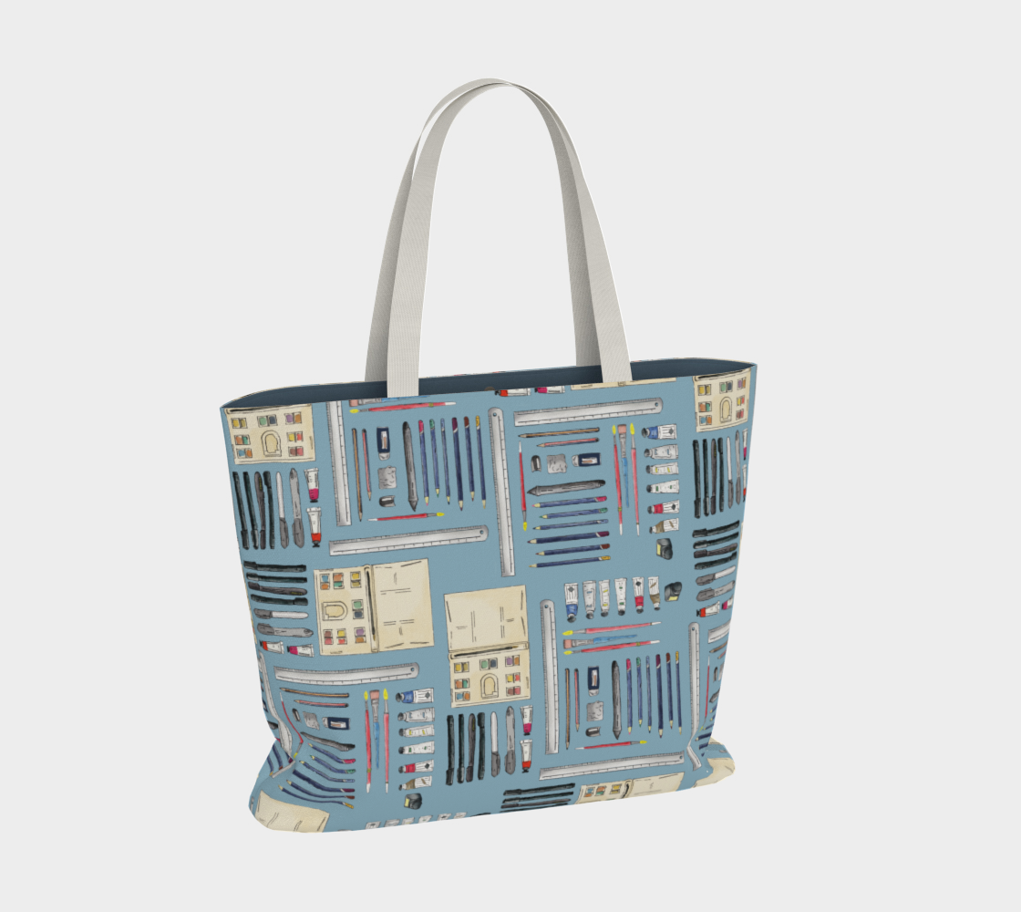 Art Supplies in a repeating pattern on a light blue background. Large market tote bag.