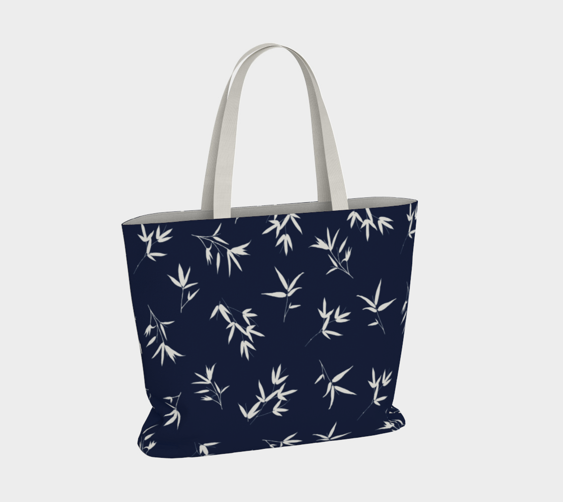 White bamboo leaves in a tossed repeat on a Navy background. Market Tote Bag