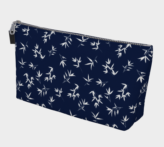 Bamboo leaves in white on Navy - makeup bag