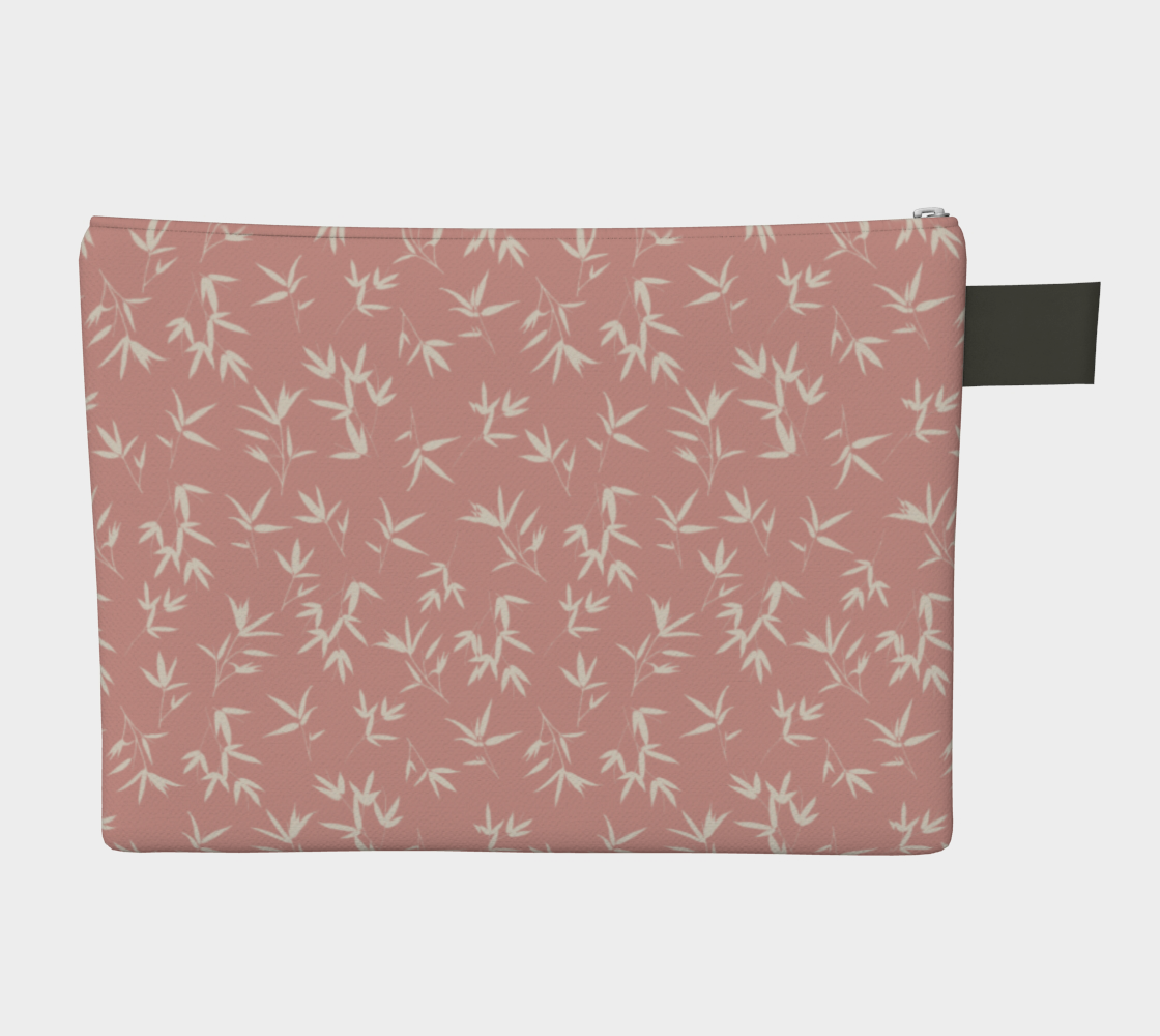 Bone bamboo leaves small scale repeating pattern on a rose pink background. Zipper canvas pouch.