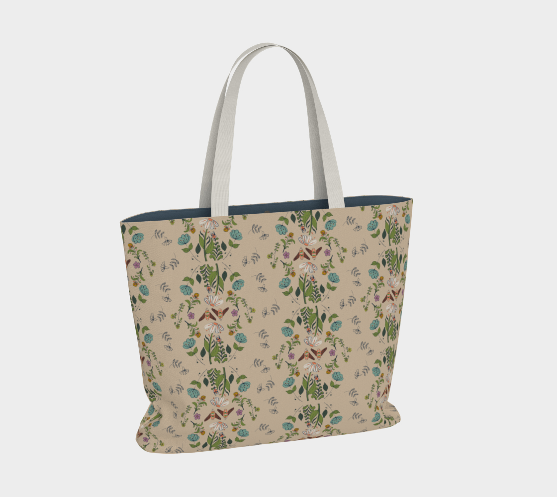 Bees in a Folk Flower Garden - Large Tote