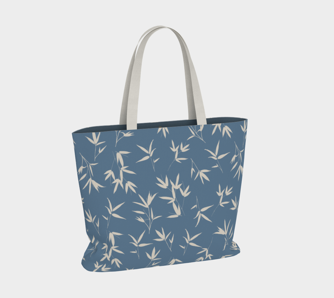 denim blue with bone coloured bamboo leaves market tote bag