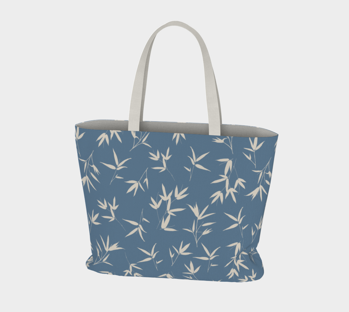 denim blue with bone coloured bamboo leaves market tote bag