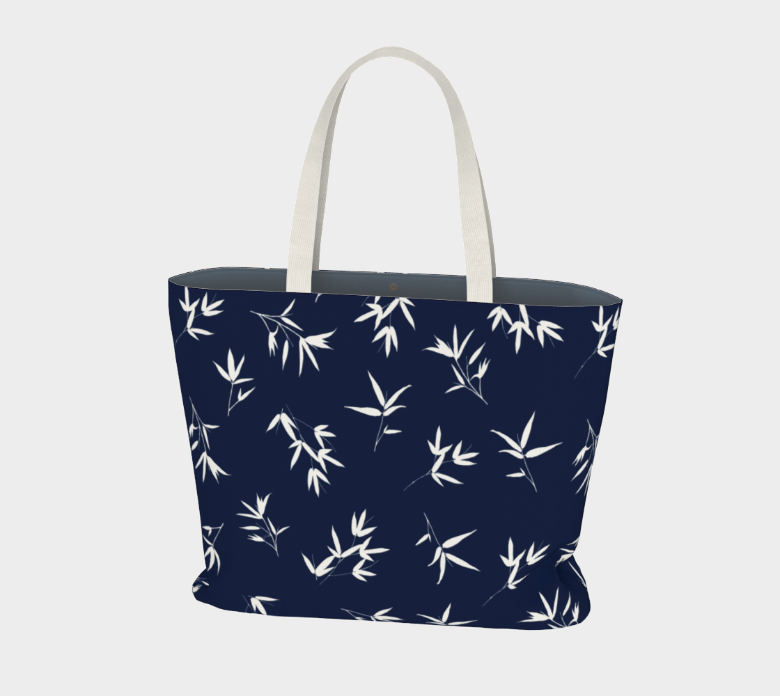 White bamboo leaves in a tossed repeat on a Navy background. Market Tote Bag