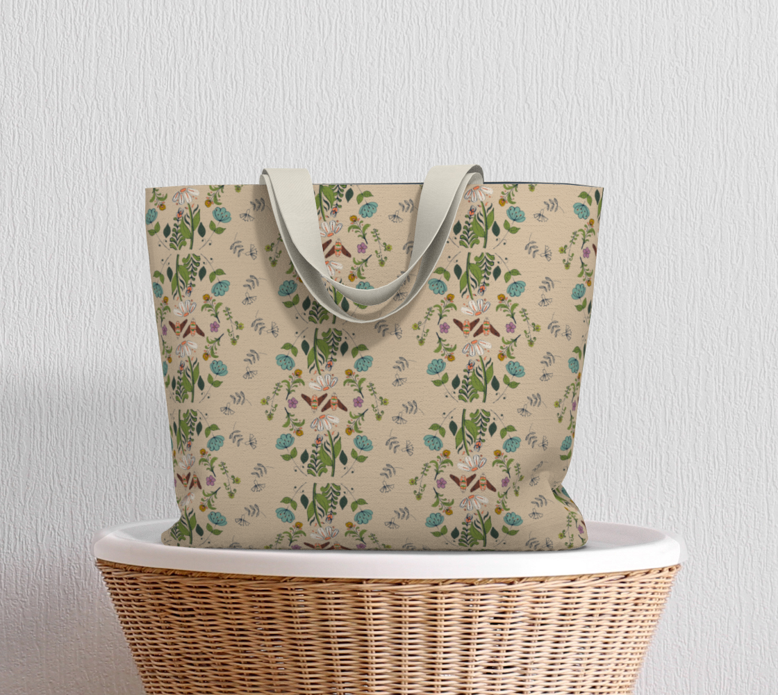 Bees in a Folk Flower Garden - Large Tote